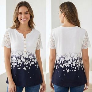 Elegant Floral Lace Sleeve Top in White and Navy